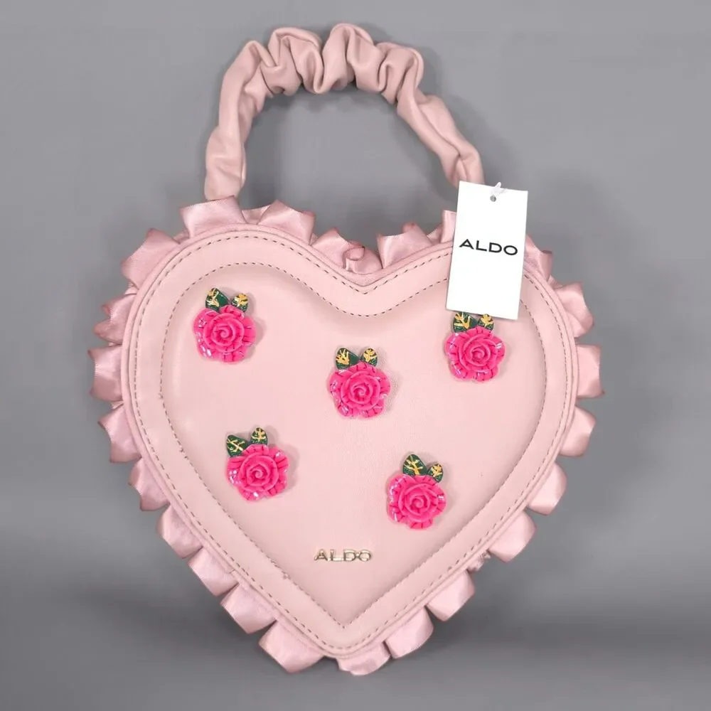 ALDO Womens New Heart Crossbody Bag Floral Ruffle Pink Top Handle‎ Convertible